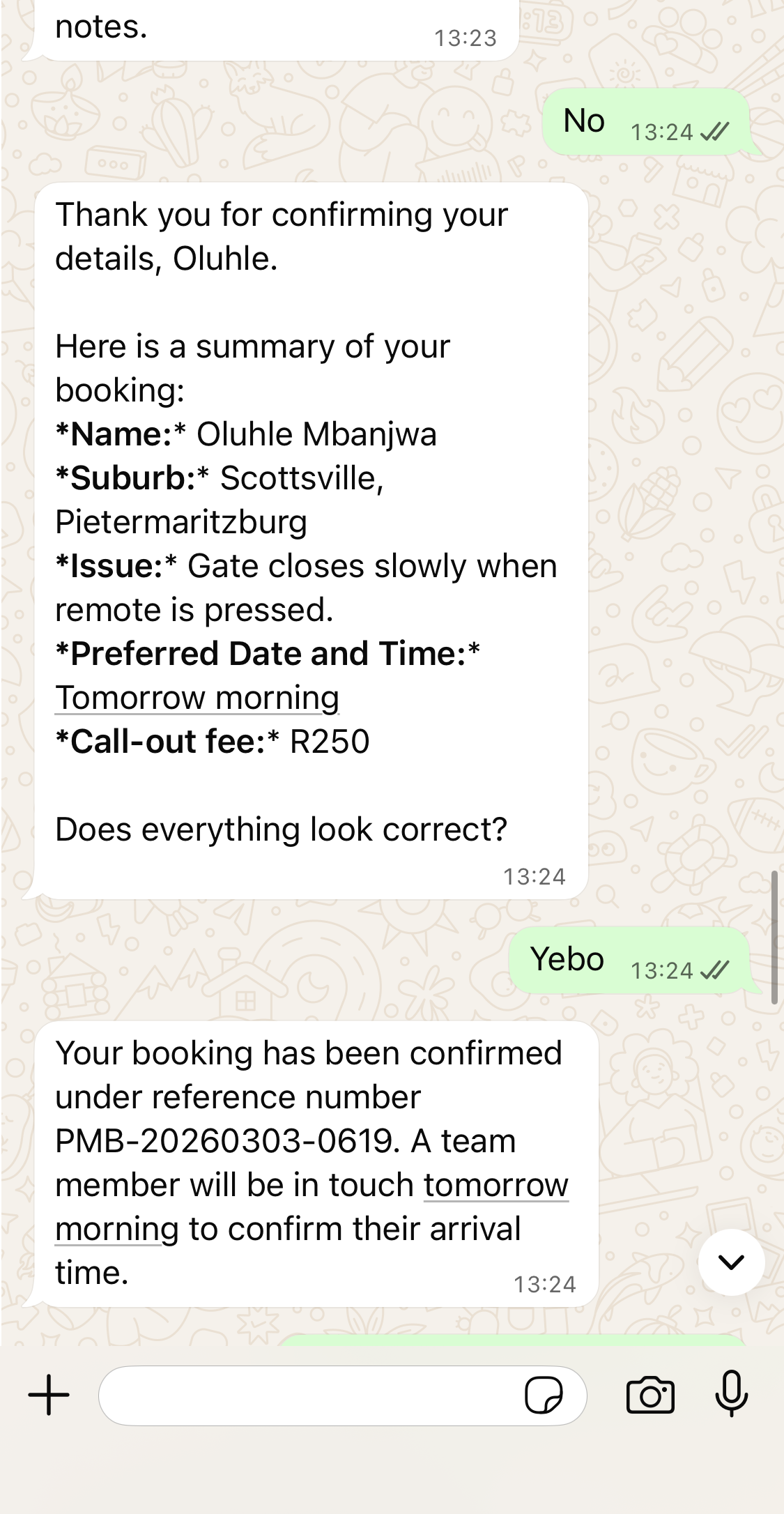 Chatbot confirming booking
